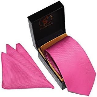 Men's Solid Color Tie and Handkerchief Set Necktie and Pocket Square in Gift Box | Neon Pink