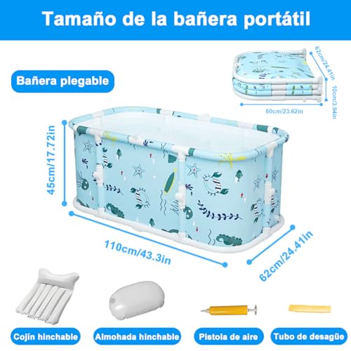 AHILAX Tina Plegable Portátil para Adultos, Bañera Grande de Hidromasaje con Espuma Térmica & Soporte Plegable para Mantener la Temperatura Tina Familiar para Baño SPA Ducha Caliente Hielo 110*65*48cm