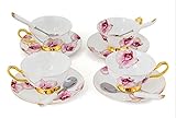 Porcelain Tea Cup and Saucer Set Coffee Cup with Saucer and Spoon 8 oz Set of 4 (Phalaenopsis Orchid)