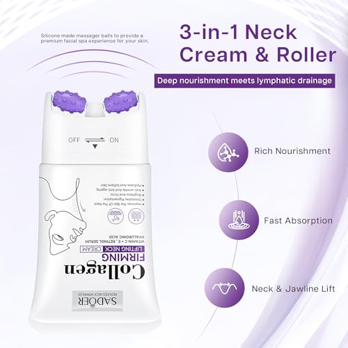 VRAIKO SADOER Gua Sha Neck Cream, Firming Cream for Neck & Jawline Lifting with Double Massage Rollers, Décolleté Moisturizer for Fine Lines, Elasticity and Hydration, 3.8 oz