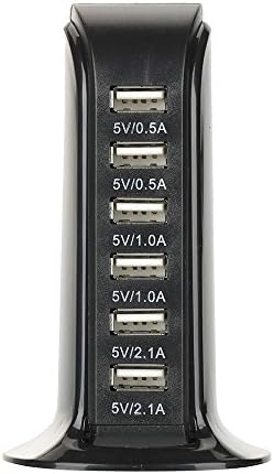 USB Charger 6 Port 3 Feet Cord Socket, Universal 6A 30W Portable Hub Desktop Wall Charging Multi Ports Rapid Adapter Vertical Station (Black)