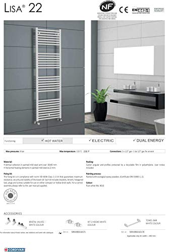 Cordivari Lisa 22 Towel Warmer Hydronic White Italy Design Straight 18''x28'' Radiator