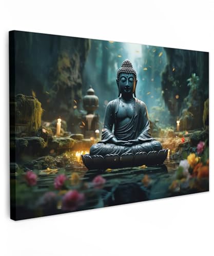 MuchoWow© Bild auf Leinwand Groß 120x80 cm XXL Schlafzimmer Bilder Badezimmer Wand Deko Wohnzimmer Modern Wanddeko Bilderwand Geschenk Buddha - Statue