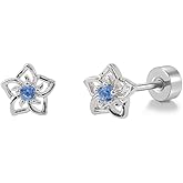 20g Hollow Blue CZ Flower Screw Flat Back Small Stud Earrings for Women Stainless Steel Cute Floral Cherry Cubic Zirconia Crystal Cartilage Tragus Piercing Little Studs Hypoallergenic Fashion Jewelry for Daughter Xmas