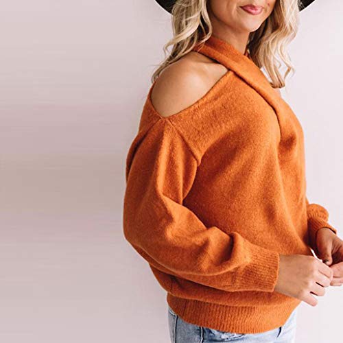 Aunimeify Fashion Women's Solid Halterneck Off Shoulder Long Sleeves Sweater Blouse Tops Orange