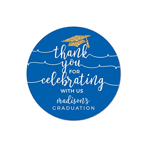 Andaz Press Royal Blue and Gold Glittering Graduation Party Collection, Personalized Round Circle Label Stickers, Thank You for Celebrating With Us, 40-Pack, Madison's Graduation Custom Name