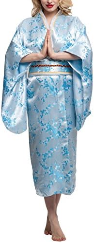 Kimono Palace Women's Silk Japanese Traditional Brocade Kimono Robe Floral Bathrobe Satin Party Robe Long