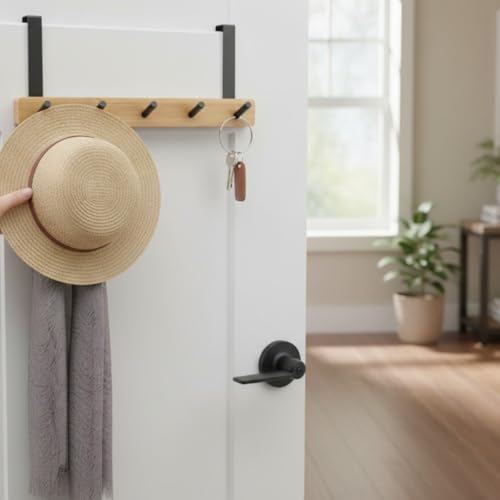 Cabide de Porta em Bambu e Aço, 5 Ganchos, Sem Furos, 34 cm x 17 cm, Organizador para Roupas e Acessórios (Preto)