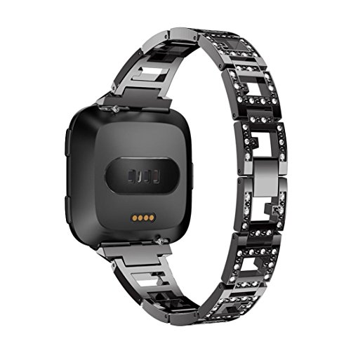 Ikevan Hot Sale Watchband Luxury Stainless Steel Crystal Strap Wrist Band Replacement For Fitbit Versa (Black)