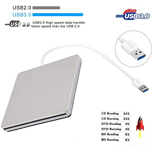 External Blu Ray Drive, USB 3.0 Blu Ray Burner 3D 4K CD DVD BD Player Write Read CD DVD RAM Combo Ultra Slim Re-Writer Superdrive for Notebook Ultrabook Laptop Desktop (Sliver)