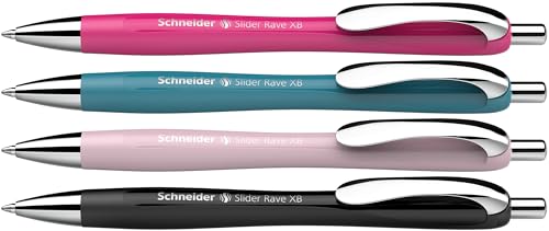 Schneider Slider Rave XB 132564 Ballpoint Pen (Limited Special Edition, 1x Black, Power Pink, Teal, Pearl, Made in Germany) Pack of 4, Ink Colour: Blue