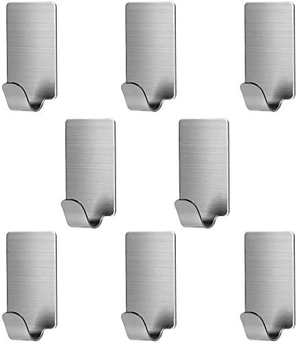 8 Pack Stainless Steel Hooks, Anteer 3M Self Adhesive Wall Hooks for Towel Robe Coat Hanger and Key Rack Garage Storage Organizer Heavy Duty Brushed Finish (Style 3)