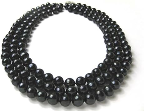 Three Strand 8.5 - 9.5mm Dyed Black Genuine Freshwater Cultured Strung Pearl Strand Necklace alloy clasp -nk53