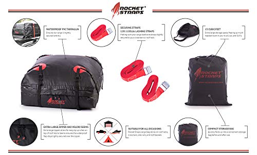 Rocket Straps| Car Top Carrier | Roof Bag Storage | Use Car Carriers Rooftop Luggage Carrier with Roof Racks & Cross Bars | 100% Waterproof PVC 15 cuft RoofBag | Inc Carrier Bag & (2) Lashing Straps