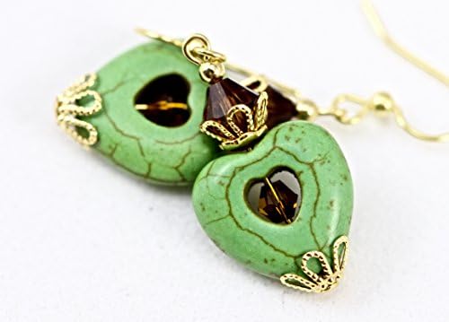 Green Smokey Topaz Stone Heart Swarovski Crystal Gold Earrings