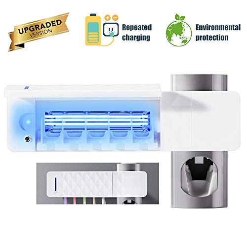 Uv Toothbrush Sanitizer, Uv Toothbrush Holder Wall Mounted Toothpaste Dispenser with Sterilization Function, 5 Toothbrush Sterilizer Holder for Family Kids, Shower Bathroom, USB Charging