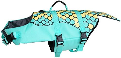 Ofilon Dog Life Jacket, Ripstop Pet Life Vest Preserver for Small, Middle, Large Size Dogs Water Safety Swimsuit Flotation Device at the Pool Swimming, Beach, Boating (Green Mermaid, L)