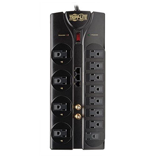 Tripp Lite 12 Outlet Surge Protector Power Strip, 8ft Cord, Right-Angle Plug, Tel/Modem/Coax/Ethernet Protection, RJ11, RJ45, & $250,000 INSURANCE (TLP1208SAT)
