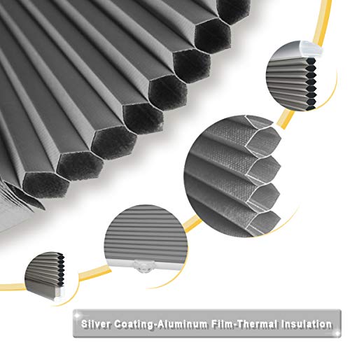 Allesin Cellular Honeycomb Blinds White Dark Gray Blackout 46" W x 48" H Single Cell Pleated Shade Cordless Easy Lift Room Darkening Inside & Outside Mount for Windows