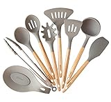 9 Pcs Kitchen Utensil Set Beech Wood Handles and Silicone Heads Cooking Utensils for Non-stick Cookware