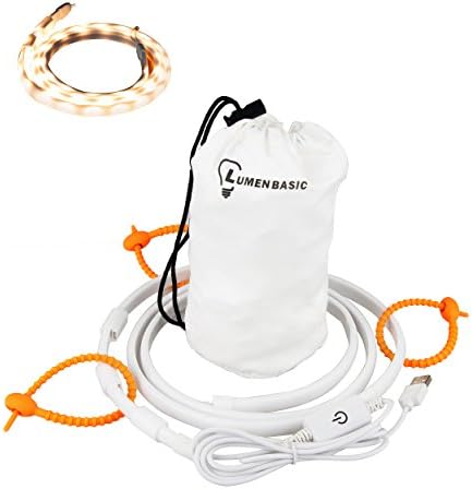 LumenBasic Camping LED String Lights Battery Powered for Outdoors Actvities Hiking RV - Dimmable Switch, Waterproof, USB Powered String Lights - Warm White Light Rope 5ft