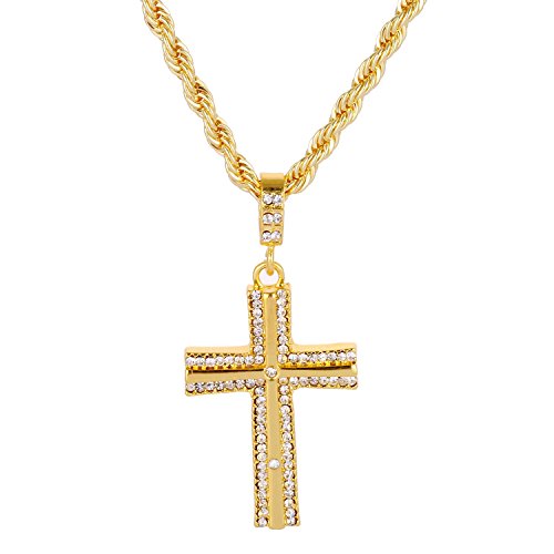 HH Bling Empire Mens Shiny 14K Gold Plated Hip Hop Cross Pendant With 4mm Rope Chain 30"