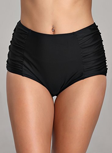 Cellicigal Women Solid Ruched High Waisted Bikini Tankini Bottom Tummy Control Swim Brief (XL, Black)