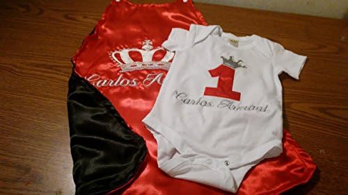 2 piece set Baby boy Toddler birthday Smash cake photo prop KING royalty red black and silver crown cape and onesie