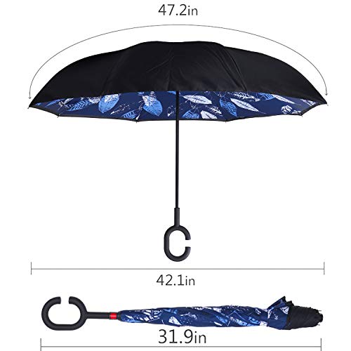 WASING Double Layer Inverted Umbrella Cars Reverse Umbrella, Windproof UV Protection Big Straight Umbrella for Car Rain Outdoor with C-Shaped Handle