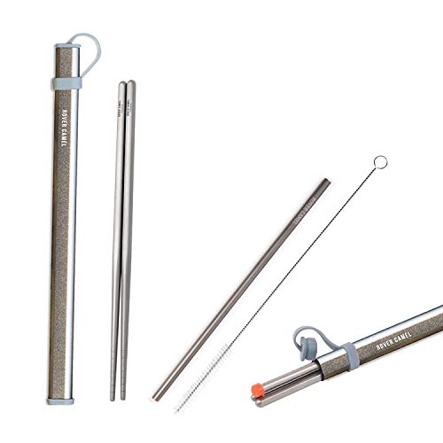 Rover camel 1 Pair of Ultra Lightweight Reusable hollow Pure titanium Chopsticks and 1 Pure titanium Straw,with Free Aluminium Case Strong Healthy (Gray-Pure titanium)