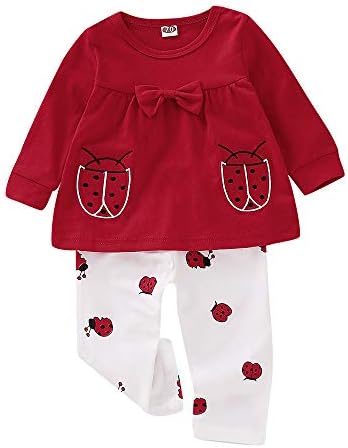 KONFA Toddler Baby Girls Fall Winter Clothes,Bowknot Loose Dress Tops+Ladybug Print Pants 2Pcs Outfits,for 0-24 Months…