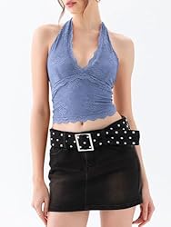 REORIA Womens Sexy V Neck Lace Halter Backless