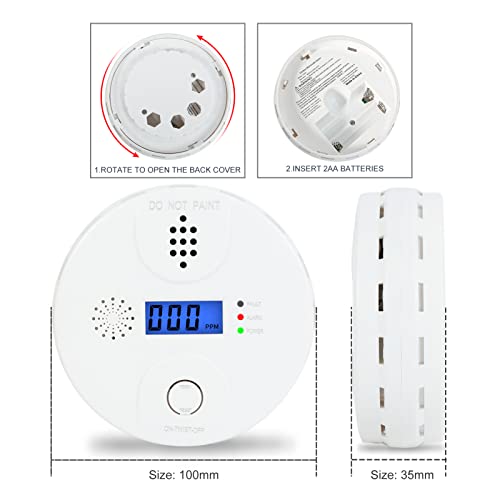 Carbon Monoxide Alarm, Digital Display CO Detector Security CO Monoxide for Home Kitchen Bedroom Safety Battery Powered (Battery not Included),Comply with CSA 6.19 (2 Pack)