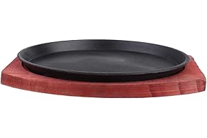 Cabilock Cast Iron Steak Sizzling Plate with Wooden Base Thickened Nonstick Fajita Pan for Induction and Gas