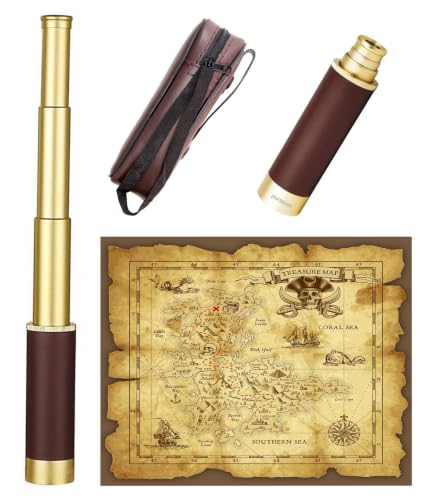 Laupha Pirat Teleskop 25x30 Retro Monokular mit Schatzkarte, Vintage Kapitän Jack Spyglass BAK-4 Linse Zoomable Fernrohr Kinder Faltbar Tragbar Pocket