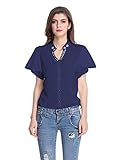 E.JAN1ST Women's V Neck Blouse Top Chiffon Short Ruffle Sleeve Button Down Shirt