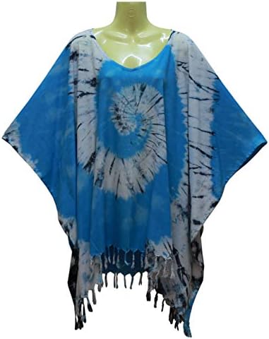 DP FashionTie Dye Blouse Caftan Kaftan Poncho Cover Up Spiral Plus Size Handmade (SkyBlue)