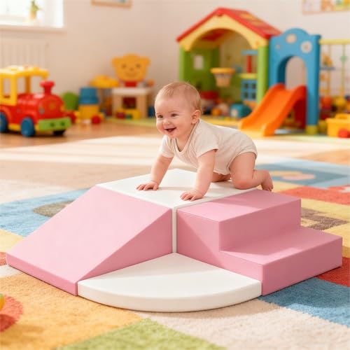 FVBADE Indoor Crawl and Climb Foam Play Set, 4-Piece Colourful Foam Climbing Blocks for Toddlers 1-3, Climb and Crawl Activity Playset, Soft Play Equipment Crawling and Sliding(Pink)