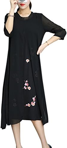 Maycabin Women's Solid Color Loose Round Collar Seventh Sleeve Cotton And Linen Splicing Emulation Silk Long Dress Size XL Red