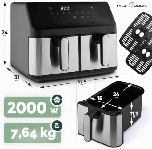 ProfiCook® Friggitrice ad aria calda 2 camere | Friggitrice ad aria | 9 litri | Frittura senza grassi | Friggitrice ad aria calda | Vasca antiaderente | PC FR 1296 H