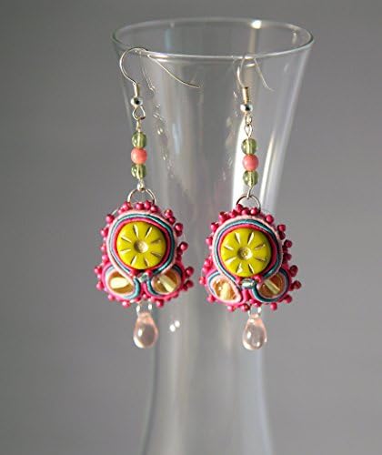 Pink, Green with a hint of Blue Soutache Earrings with Light Rose Czech Glass Beads