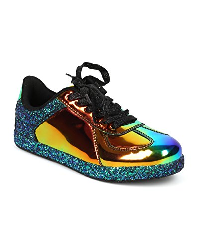 Alrisco women glitter encrusted holographic lace up low top sneak…