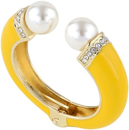 KAYMEN Golden Enamel Bangle Bracelets Inlay Pearls and Rhinestone For Prom, Party, Office Diameter 2.28 Inch