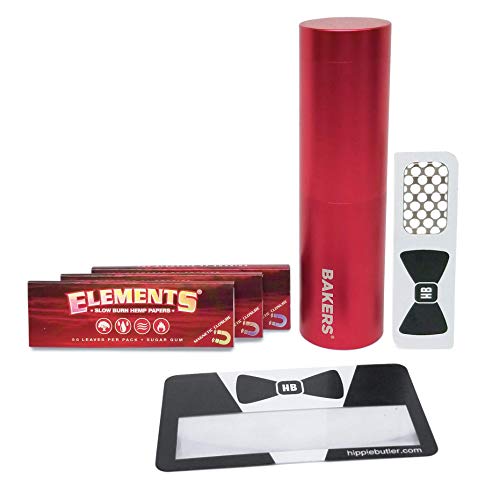 Elements 1 1/4 Red Slow Burn Hemp Rolling Paper (3 Packs), Baker's Metal Storage Container, Hippie Butler Magnifying Scoop Card, Hippie Butler Grinder Card - 6 Items - Bundle