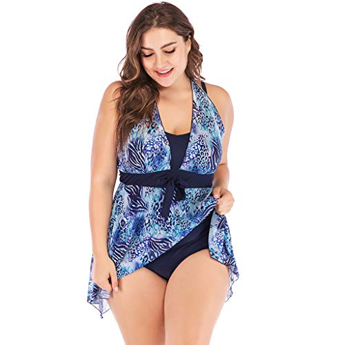 Clearance! Womens Plus Size Tankini Swimsuit Sexy Halter Backless Print Beachwear Split Swimwear Bathing Suit S-5XL (Blue, Medium(US 6))