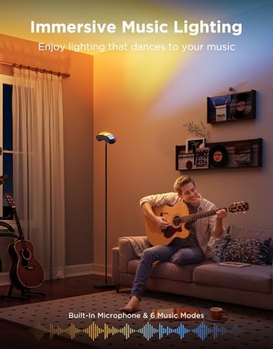 Candeeiro de pé LED Torchiere, candeeiro RGBWWIC com controlo de 3 zonas, compatível com Matter Alexa, 77 cenas e sincronização musical, candeeiro preto de 170 cm para sala, quarto e teto