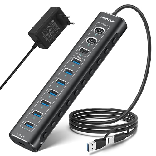 USB Powered Hub, RSHTECH 11 Ports USB 3.2 Hub with Power 60W (12/5A), USB Data Port 10Gbps (2*Tip-C, 1*Tip-A), 7*5Gbps USB 3.0 and 20W PD, Aluminum USB Splitter with 2 in 1 Cable, RSH-A11PD