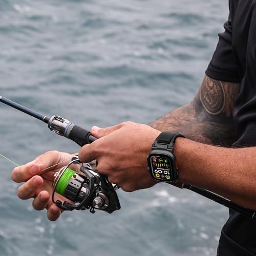 Bandletic R-Steel Strap Compatible with Apple Watch Ultra 2/Ultra 49mm, Series 10 46mm 9/8/7 45mm SE2/6/SE/5/4 44mm 3/2/1 42mm, Robust FKM Replacement Bracelet with Elegant Design Metal Connector, Black