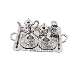 MonkeyJack 10 Pieces Silver Alloy Tea Lid Pot Cups Tray Set for 1:12 Dollhouse Miniatures Doll Home Furniture Decoration