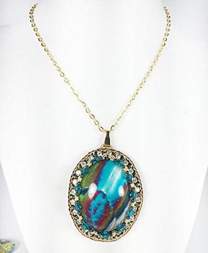 Leenou Handmade Necklace with Bead Embroidered Blue Golden and Brown Polymer Clay Pendant with Cup Chain Crystals for Wedding Anniversary Gift Birthday
